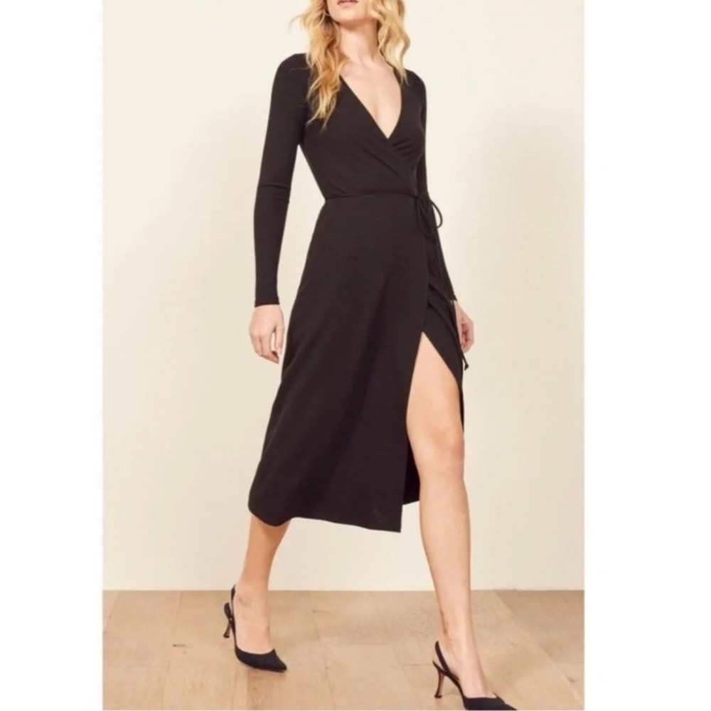 Reformation Jeans Celine Black Ribbed Wrap Midi Dress Long Sleeve L NEW